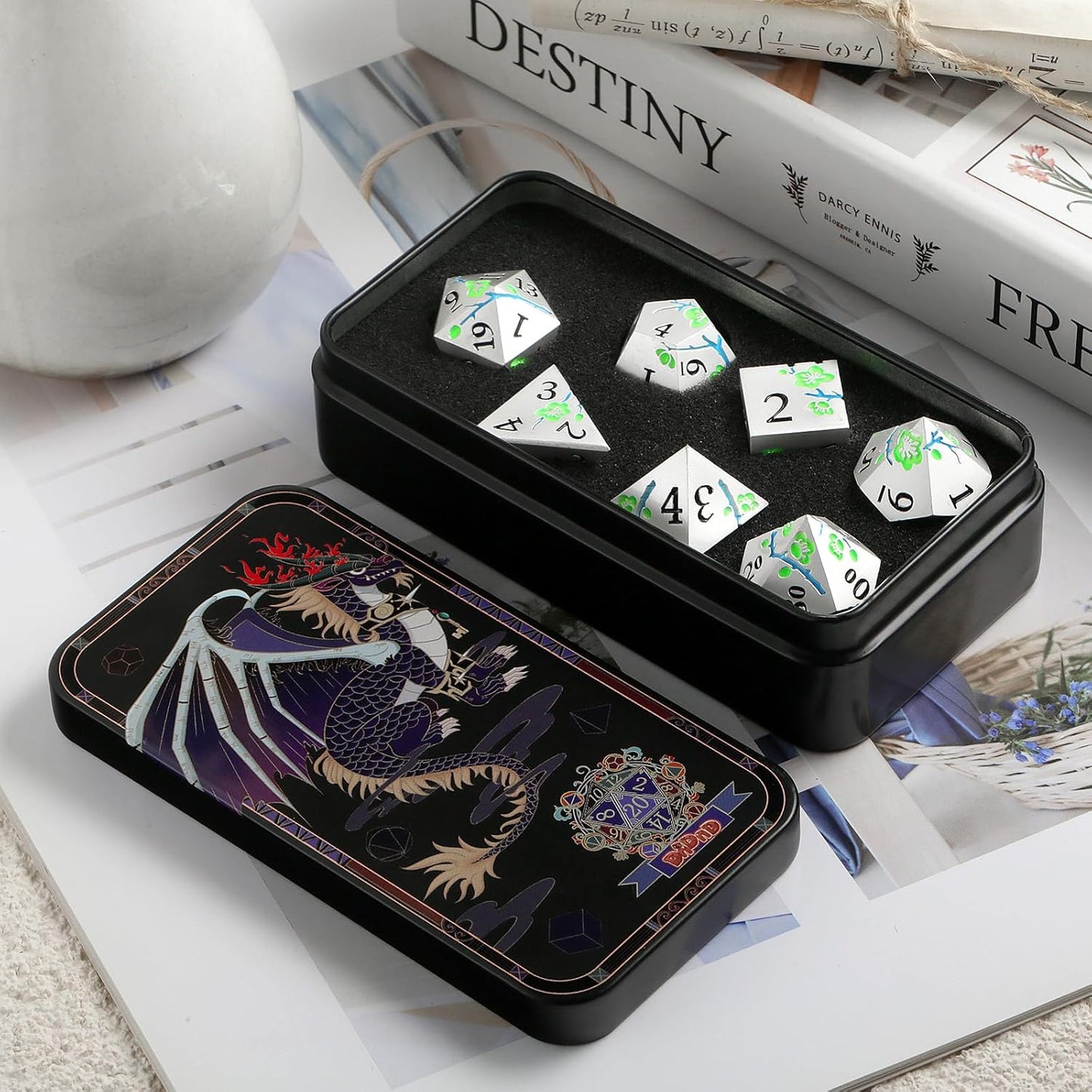 DnDnD Heavy Polyhedral Metal Dice Set with Metal Box, 7-die Shiny Blue Surface with Golden Number for RPG,Dungeons and Dragons,Pathfinder,Shadowrun,D&D,Role Palying Game and Math Teaching - Colors A
