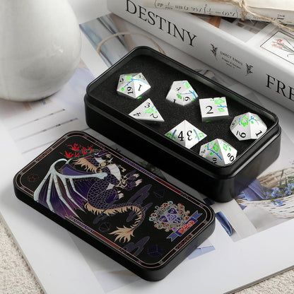 DnDnD Heavy Polyhedral Metal Dice Set with Metal Box, 7-die Shiny Blue Surface with Golden Number for RPG,Dungeons and Dragons,Pathfinder,Shadowrun,D&D,Role Palying Game and Math Teaching - Colors A