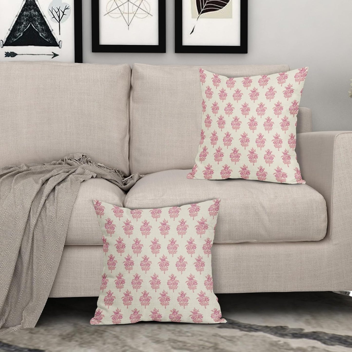Sage Green Blue Floral Block Print Pillow Covers 18x18 Set of 2 Spring Flower Pattern Decorative Throw Pillowcases Outdoor Rustic Farmhouse Square Cushion Cases Decor for Home Couch Sofa Bed