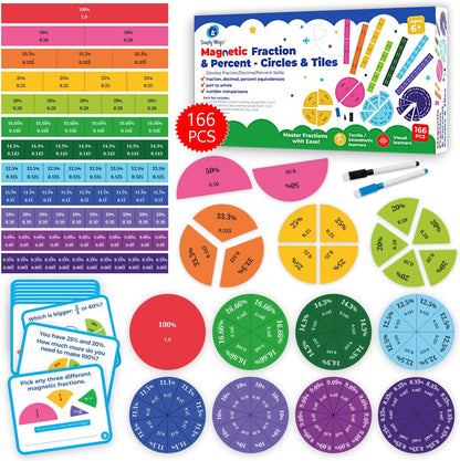 178 PCS Magnetic Fraction Tiles & Fraction Circles with Decimals & Percentages, Fraction Strips, Bars, Fraction Magnets, Fraction Manipulatives Class Set Kit, Fractions for Kids Math - Simply Magic