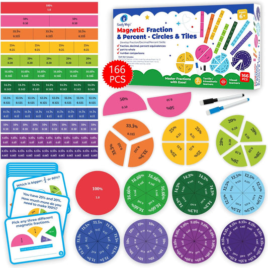 178 PCS Magnetic Fraction Tiles & Fraction Circles with Decimals & Percentages, Fraction Strips, Bars, Fraction Magnets, Fraction Manipulatives Class Set Kit, Fractions for Kids Math - Simply Magic