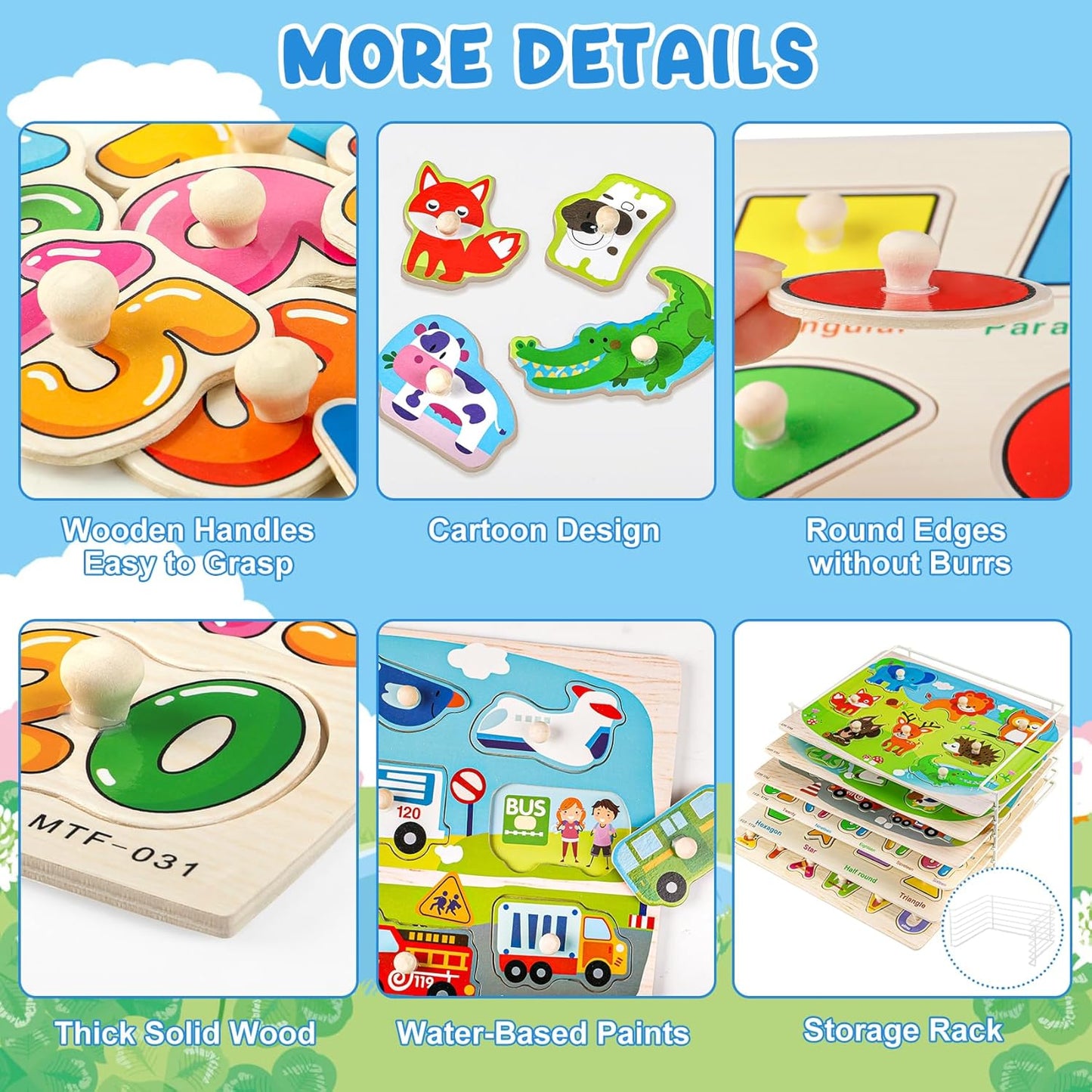 Attmu Wooden Puzzles for Toddlers, 6 Pcs Alphabet Puzzle ABC Shape Number Animal Farm Puzzle, Learning Toys for Kids, Preschool Educational Activities Toddler Gift Toys for Girls Boys Christmas Easter
