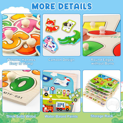 Attmu Wooden Puzzles for Toddlers, 6 Pcs Alphabet Puzzle ABC Shape Number Animal Farm Puzzle, Learning Toys for Kids, Preschool Educational Activities Toddler Gift Toys for Girls Boys Christmas Easter