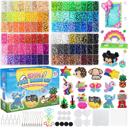 Zefy Fuse Beads Kit 92 Colors 19200 Pcs Melting Beads 5mm, Including 124 Patterns, 6 Pegboards, Ironing Paper, Tweezers & Hooks, Home School Arts and Crafts for Kids, Toys Gifts for Girls and Boys