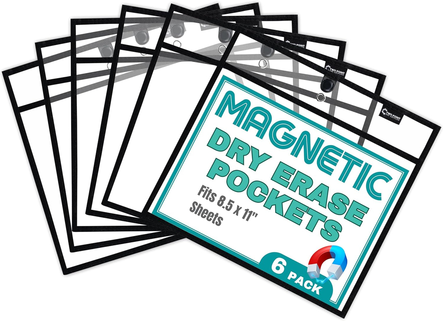 Magnetic Dry Erase Pockets by Two Point (6-Pack) - Landscape - Black Dry Erase Pocket Sleeves, Job Shop Ticket Holders, Clear Paper Sleeves Protectors, Magnetic Pouch