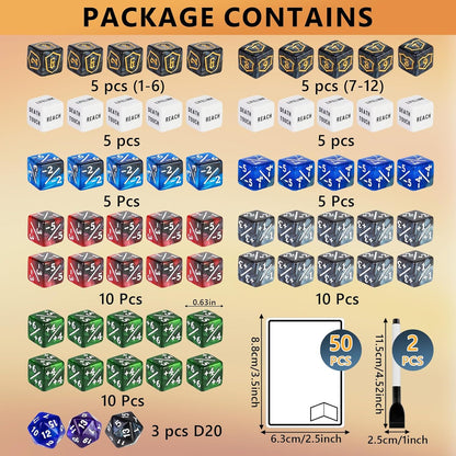 115-Piece MTG Dice Set with Dry Erase Tokens Kit Includes 63 Counters and 50 Tokens for MTG, TCG Cards Game Accessories with 2 Markers 2 Cloths