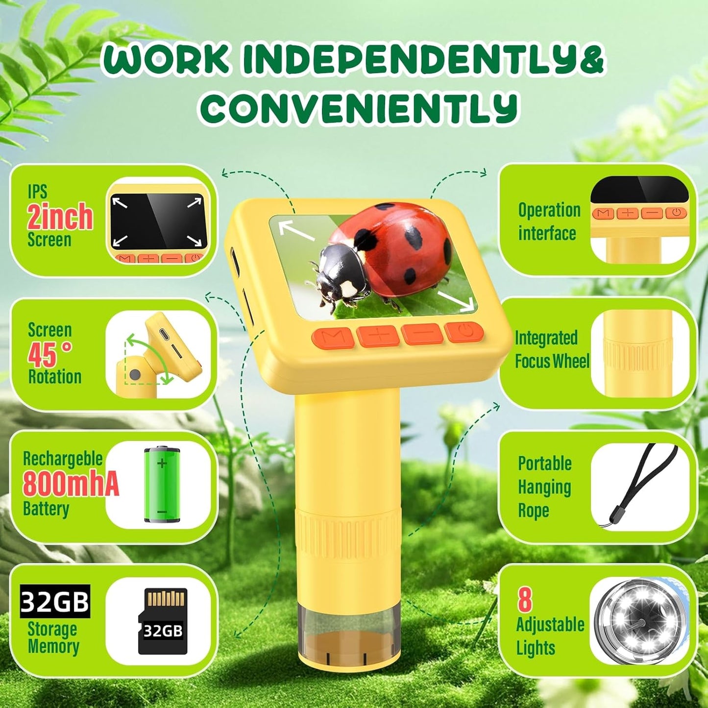 IMICHI Microscope for Kids 50X-1000X Magnification- 2 inch IPS HD Screen, 32GB storage Card, 1080P Video, 2-Hour Battery Life, Easy Carry, Slides Included - Perfect Science Kit Gift for Kids Ages 8-12