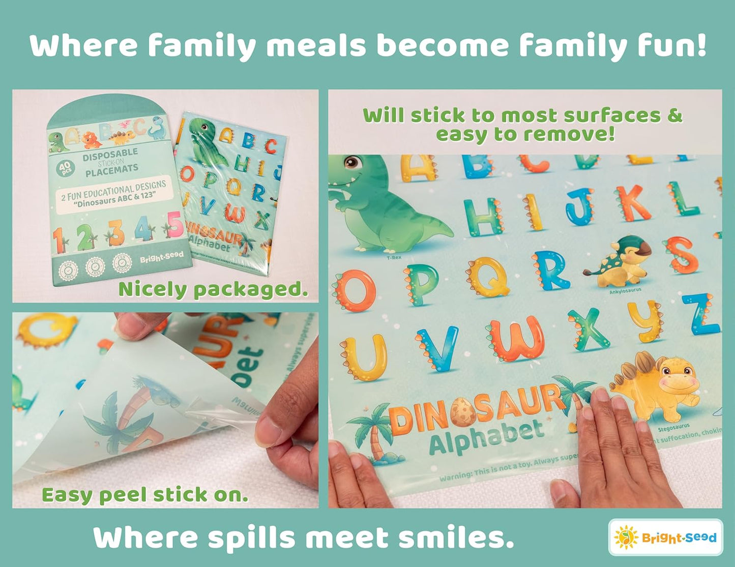 Bright Seed Disposable Placemats for Baby, Toddlers and Kids, Animals ABC & Numbers, 40 Disposable Baby mats for Restaurant, Dining Table & Travel, Learning Placemats for Kids, Toddler Travel