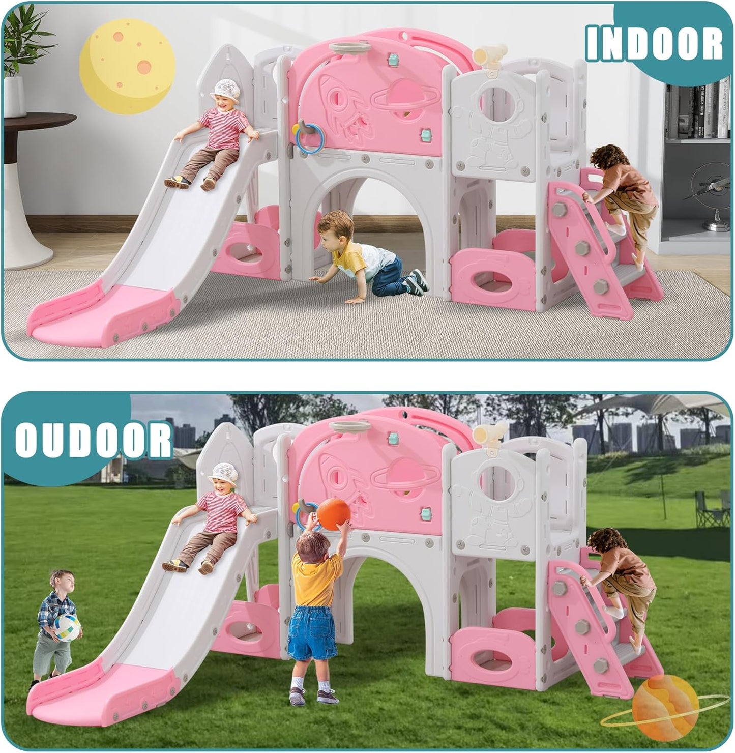 11in 1 Toddler Slide, Kid Slide for Toddlers Age 1-3 with Telescope, Basketball Hoop, and Telescope, Indoor Outdoor Playset Playground Blue Grey