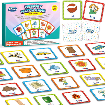 Aizweb CVC Word Match Game - 60 Pc Toddler Card Games for Kids Ages 3-6, Phonics Flash Cards for Preschool & Kindergarten Learning Activities, Educational Toys for Home School Supplies