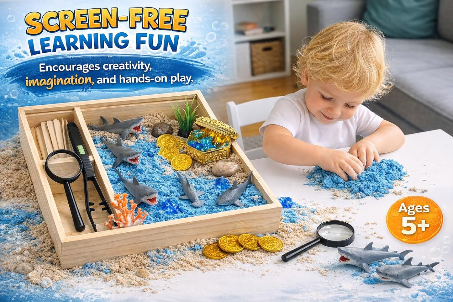Shark Sensory Bin Kit for Kids - Ocean Sensory Play Kit with Wooden Storage Box, Moldable Sand, Sharks & Treasure Chest - Montessori STEM Learning Toy, Shark Gifts for Boys & Girls Ages 4-8