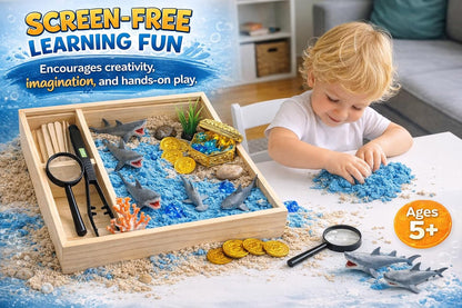 Shark Sensory Bin Kit for Kids - Ocean Sensory Play Kit with Wooden Storage Box, Moldable Sand, Sharks & Treasure Chest - Montessori STEM Learning Toy, Shark Gifts for Boys & Girls Ages 4-8
