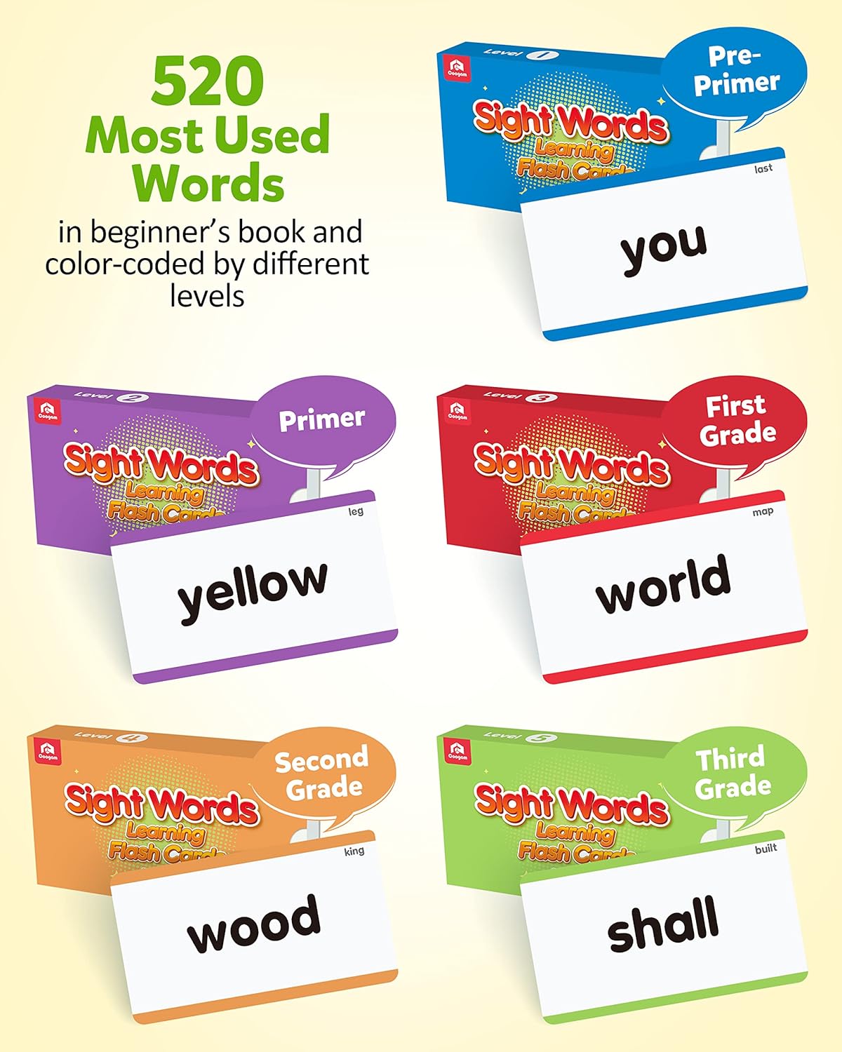 Coogam 520 Sight Words Learning Vocabulary Flash Cards, Dolch Fry High Frequency Sight Word Educational Montessori Toy for Pre-k Kindergarten 1st 2nd 3rd Grade Homeschool
