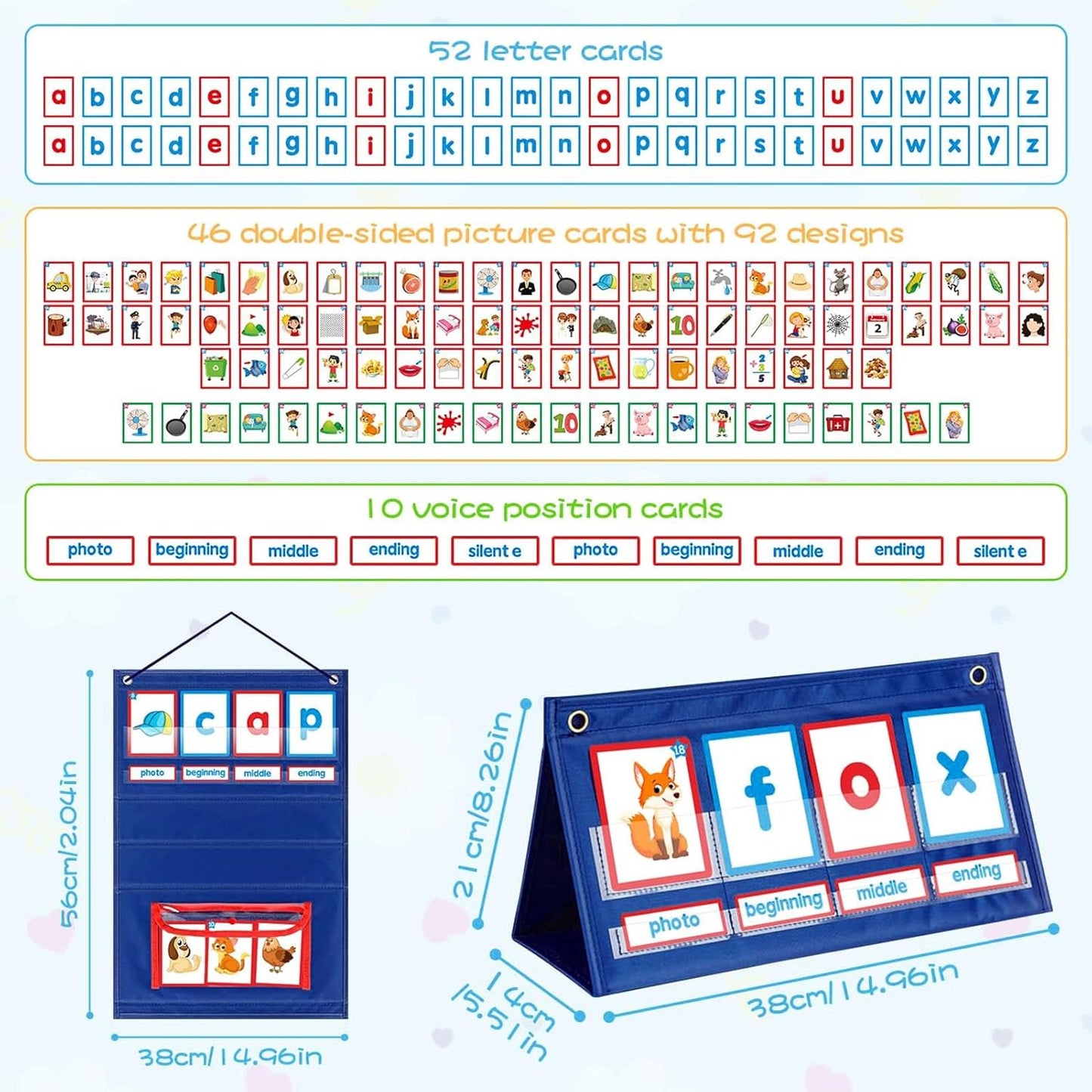 Alomejor CVC Words Phonics Pocket Chart, Desktop Blending Board with 38 Double Sided Cards for Preschool Kindergarten Homeschool