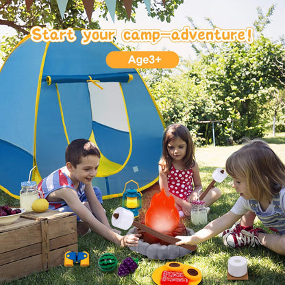 Mitcien Kids Camping Gear Set with Play Tent, Pretend Campfire, Fruits, Marshmallow, Camping Toys for Toddlers, Boys & Girls - Indoor & Outdoor Explore & Adventure