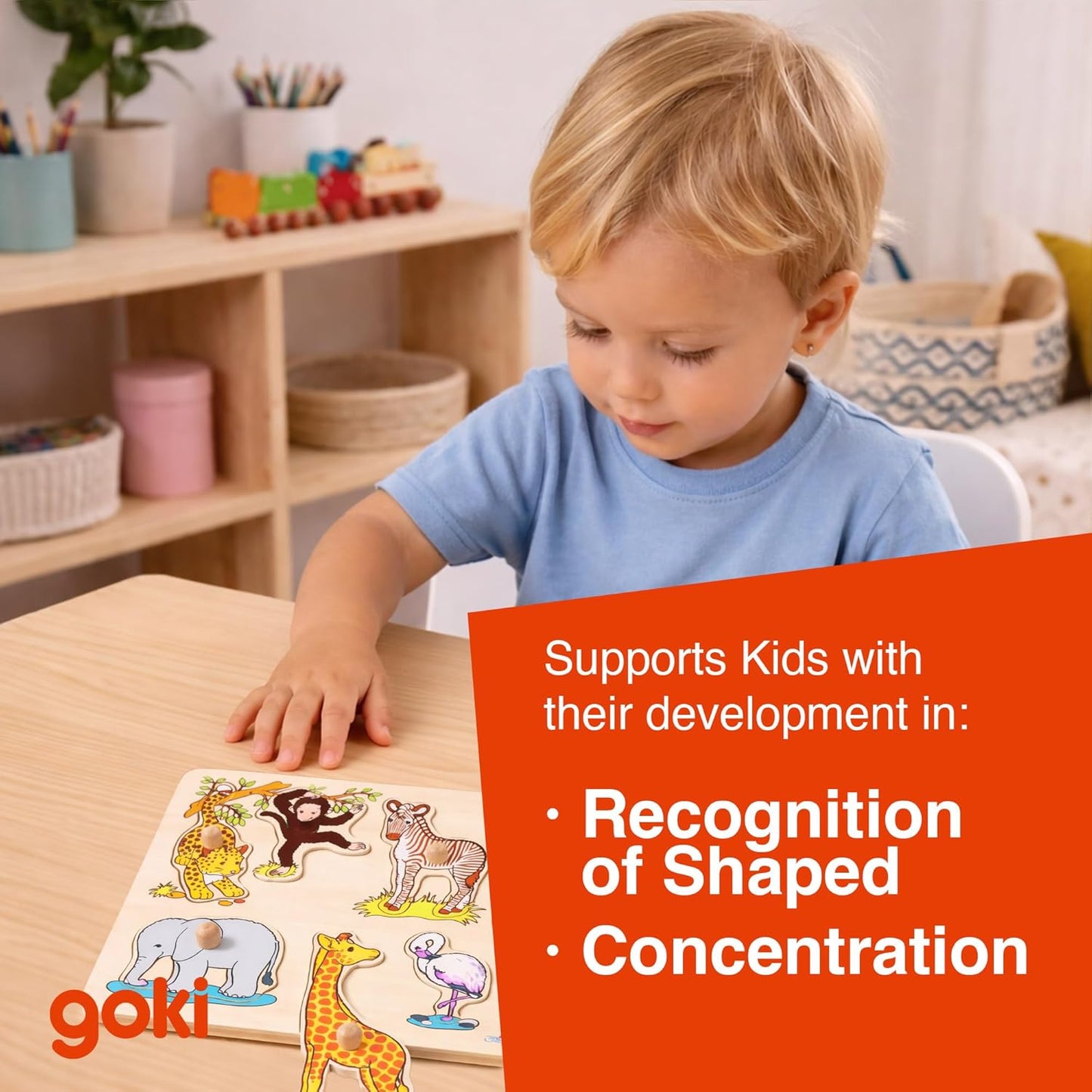Goki Wooden Puzzles for Toddlers 1-3 I 1st Puzzle for 1+ Year Old I Safari Animal Toy with Large Knobs 9 pcs - Eco Friendly Wood Fine Motor Skills Toys - 1st Birthday Gift German Brand Quality