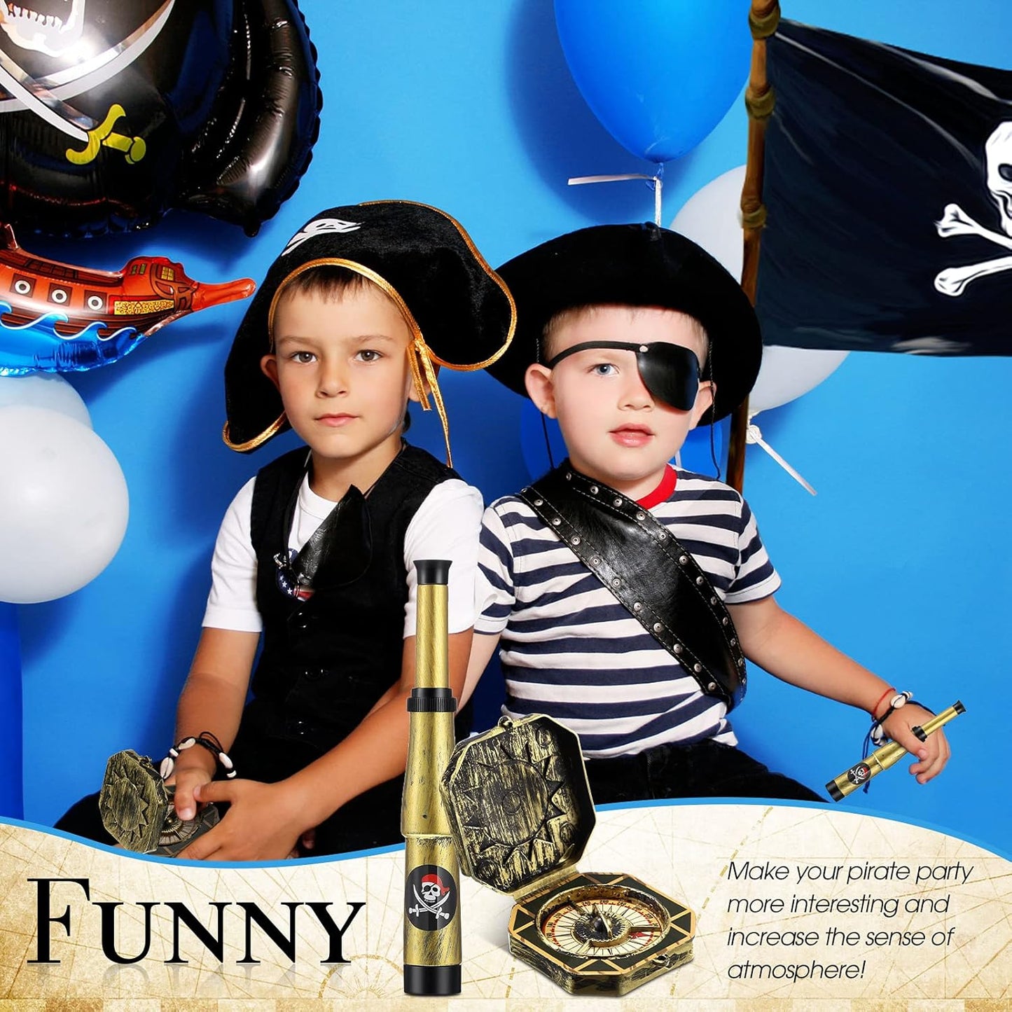 Gejoy 2 Pcs Pirate Accessories Set for Kids Mini Telescope and Compass Toy for Party Halloween Cosplay Antique Retro Plastic Pirate Party Supply Accessory Decor