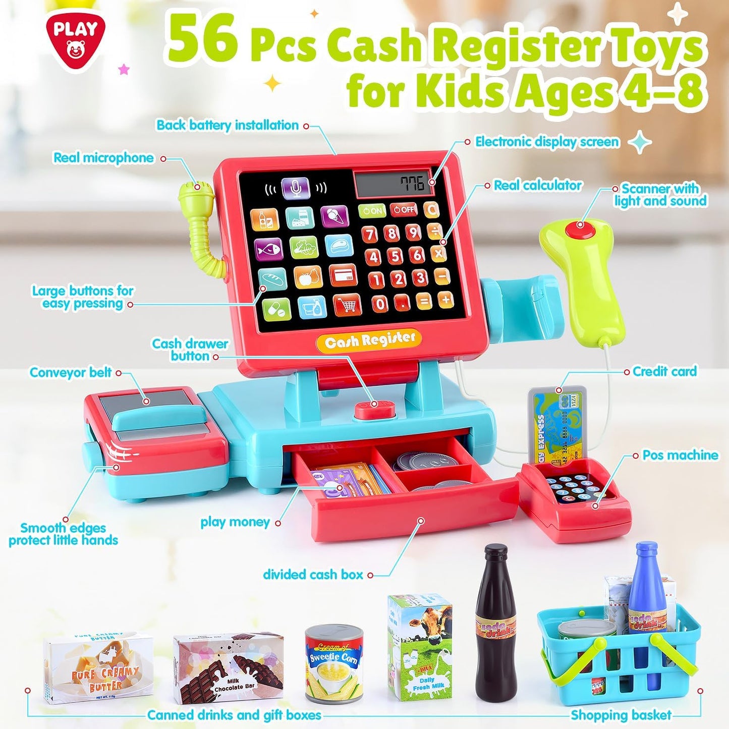 PLAY Kids Cash Register Toy - Pretend Play Calculator Register Toys with Microphone/Conveyors/Play Money/Scanner/Credit Card/Cans/Drink, 3+ Toddler Develops Early Math Skills Learning Toys