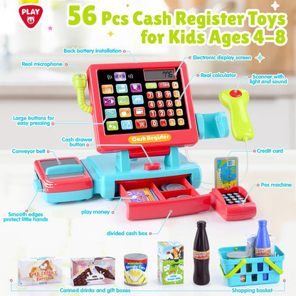 PLAY Kids Cash Register Toy - Pretend Play Calculator Register Toys with Microphone/Conveyors/Play Money/Scanner/Credit Card/Cans/Drink, 3+ Toddler Develops Early Math Skills Learning Toys