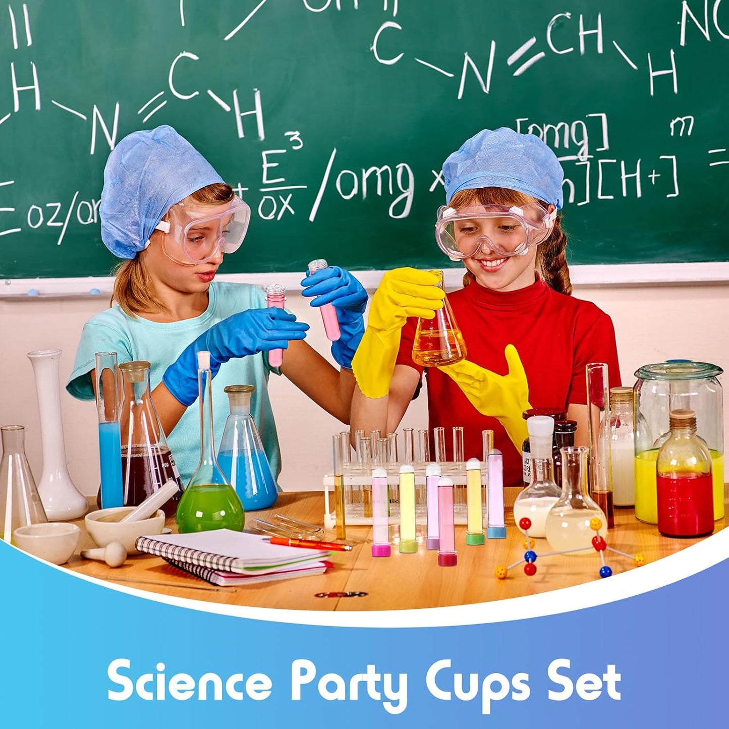 Jingmore 36 Pcs Science Party Theme Cups Set with Silly Loop Straws Science Stickers Plastic Reusable Small Conical Flask Bottles Test Tubes for Birthday Party Decorations(Spherical Bottles)