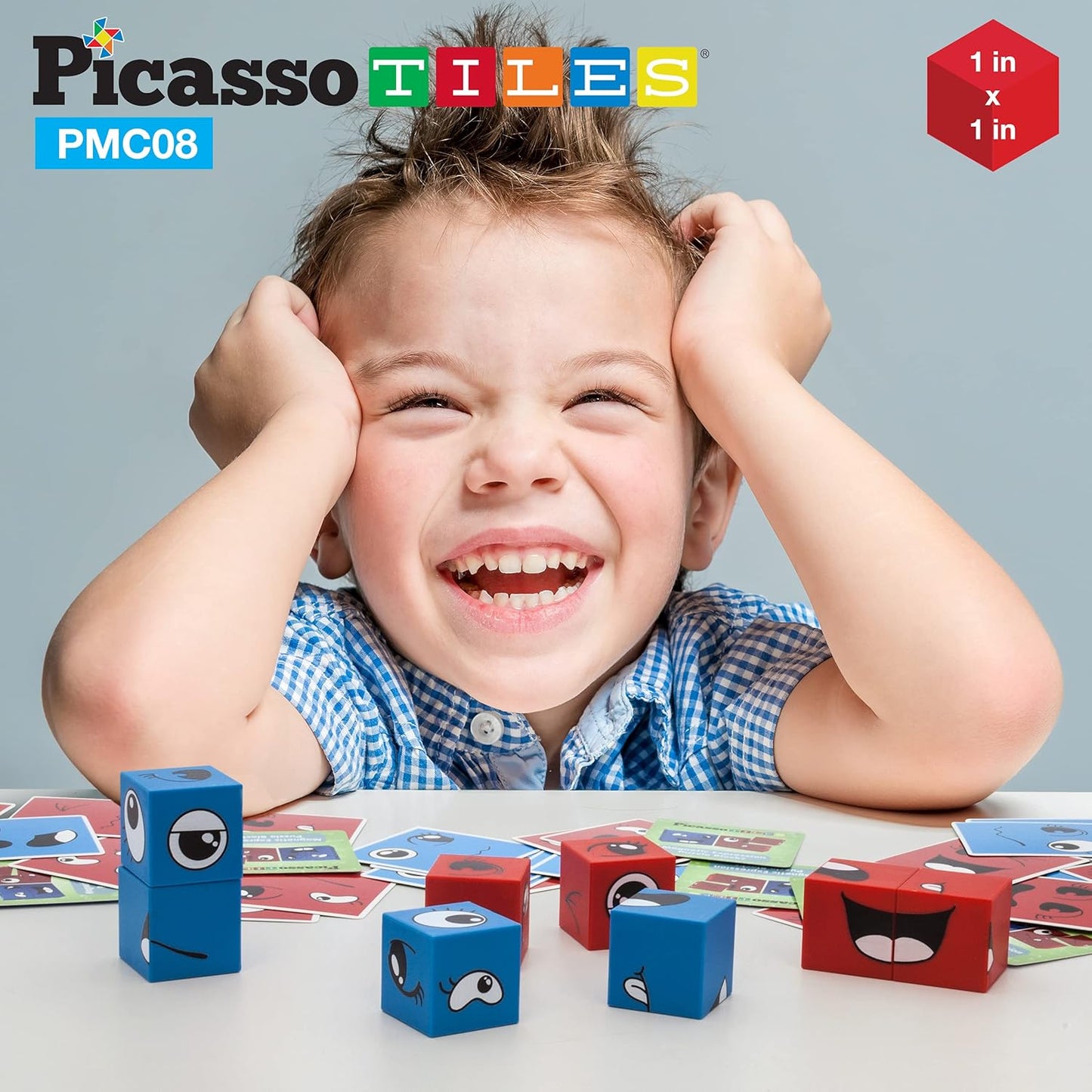 PicassoTiles Magnetic Expression Puzzle Cube + Toys Carrying Case, 8pc Magnet Blocks w/ 36 Emotion Game Card Included, Magnetic Tile Construction Block Travel Bag, EVA Waterproof Storage Organizer Box