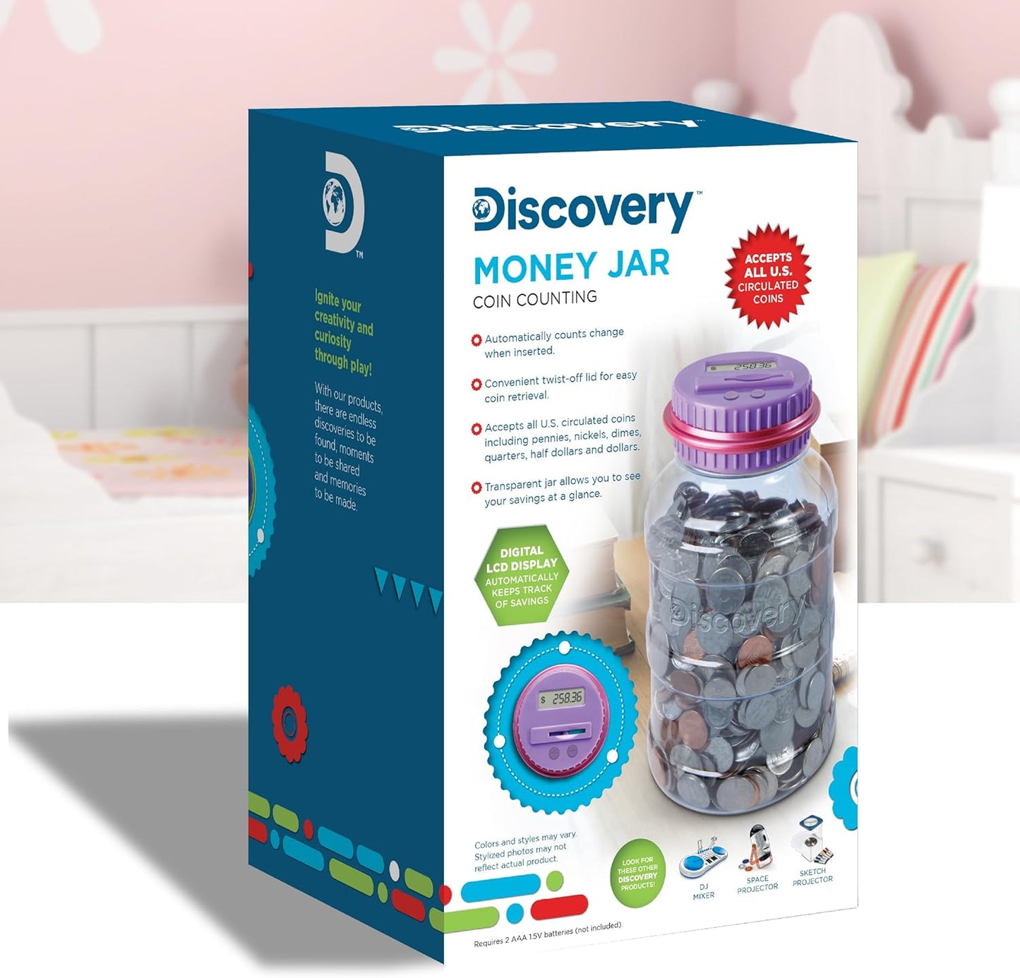 Discovey Digital Coin Counter Money Jar, LCD Screen, Automatic Piggy Bank Savings for US Coins, Keeps Track of Deposits, Battery Operated, Kids Gift