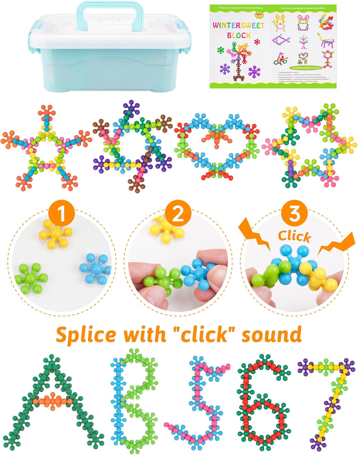 Snowflake Interlocking Building Block Educational Toy 300PCS for Kids Ages 3+, Multi-Color Solid Plastic Early Learning Creativity STEM Toy with Carrying Case Safe Material