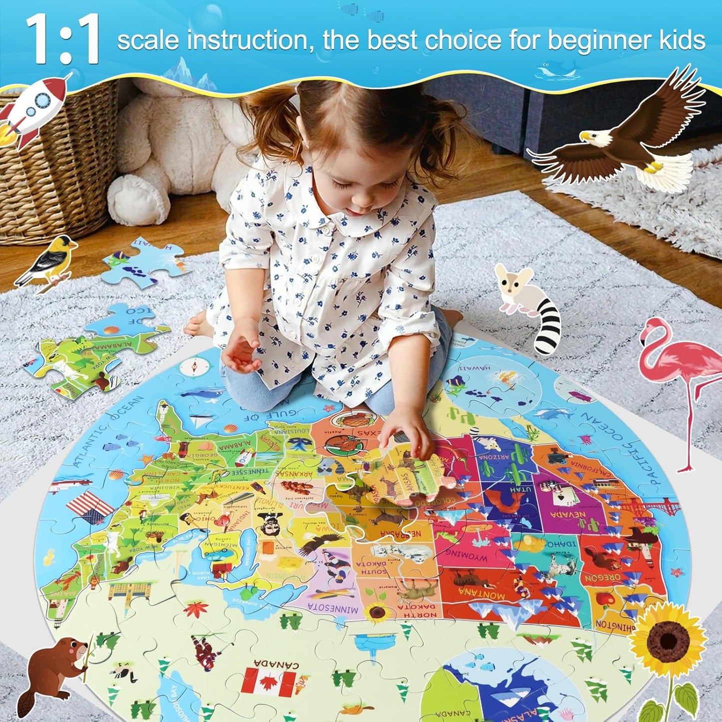 DIGOBAY United States Puzzle 70 Pieces USA Map Floor Jigsaw Puzzles for Kids Ages 4-10, Jumbo Round US Geography Puzzle 50 States with Capitals Educational Learning Toys for Boy or Girl