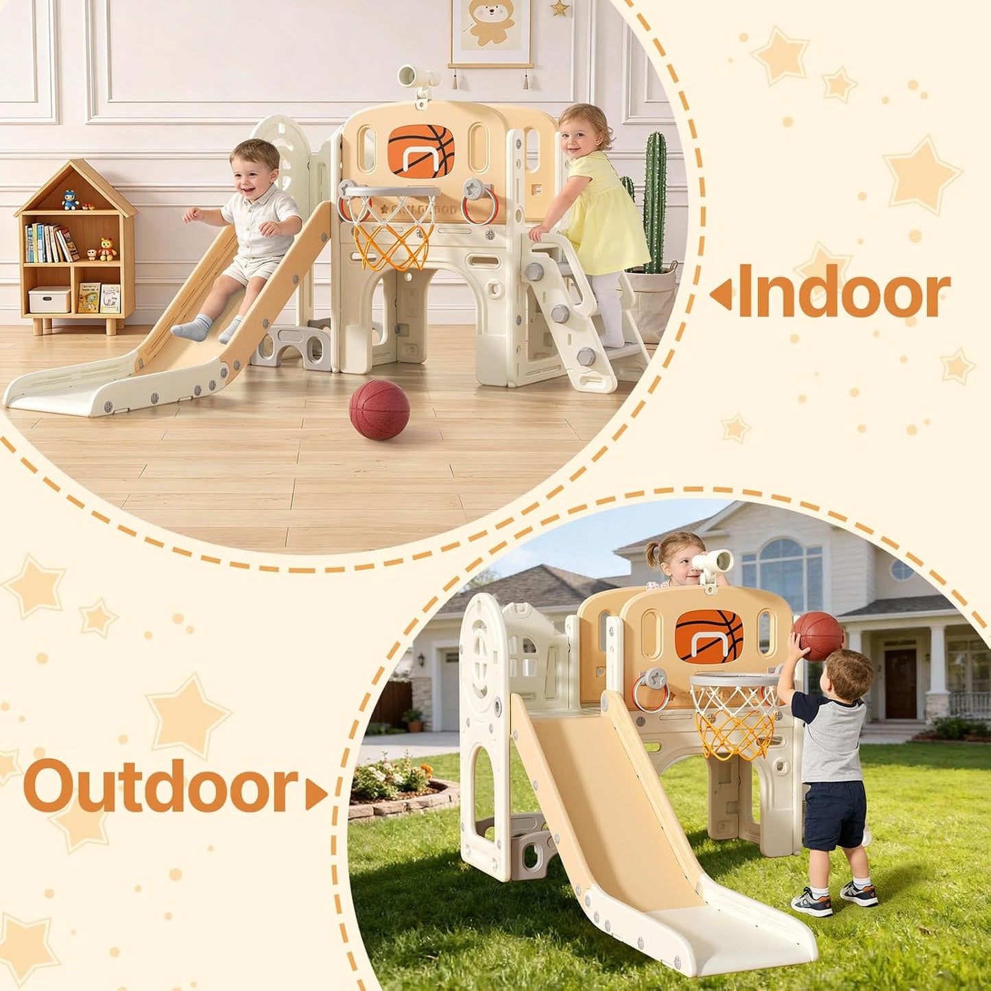 BIERUM 9 in 1 Toddler Slide, Kid Slide for Toddlers Age 1-3 with Ring Toss, Basketball Hoop, and Telescope, Indoor Outdoor Playset Playground Beige Gray