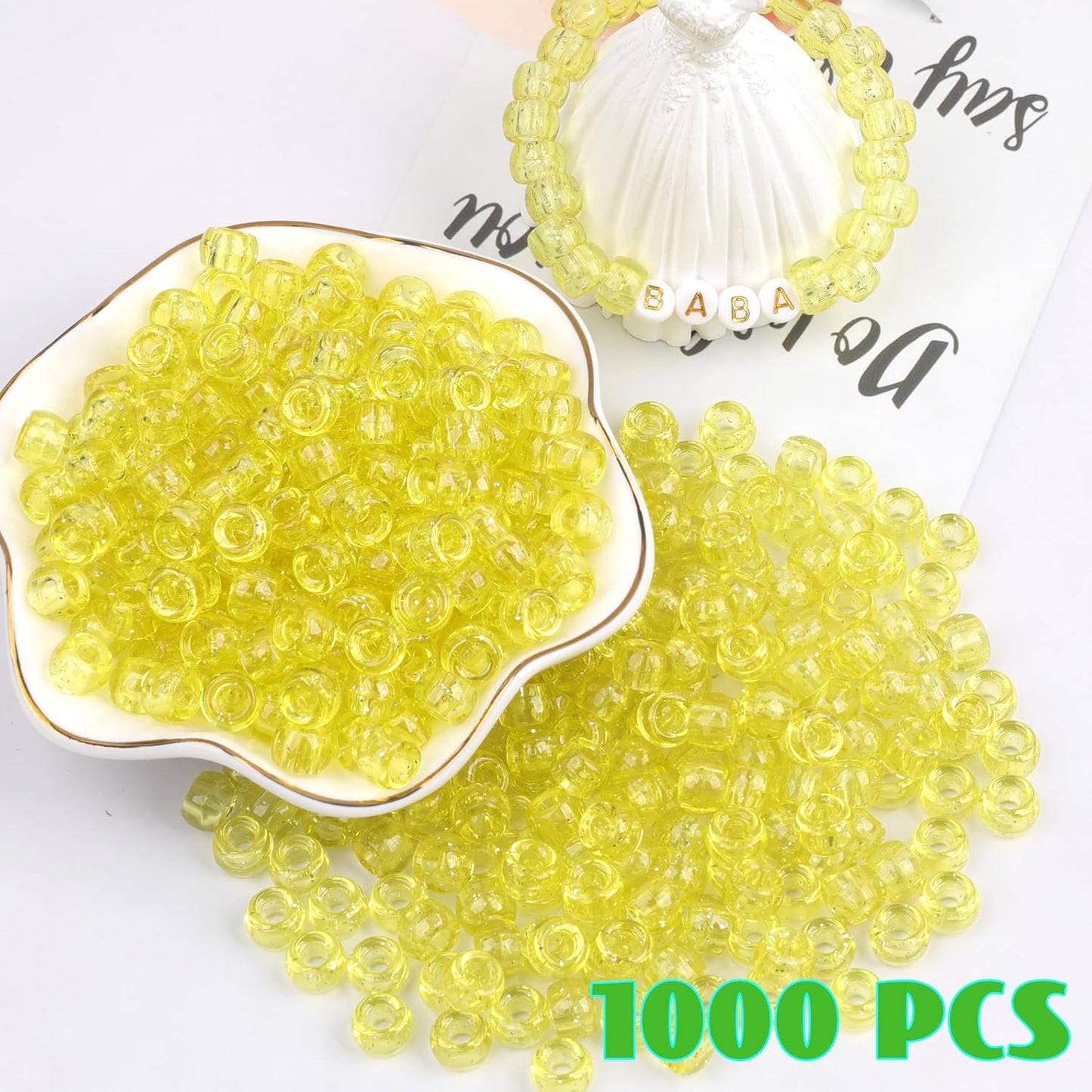 Auvoua 1000Pcs Pony Beads Bracelet 9mm Yellow Plastic Barrel Pony Beads for Necklace,Hair Beads for Braids,Key Chain,Jewelry Making (Yellow)