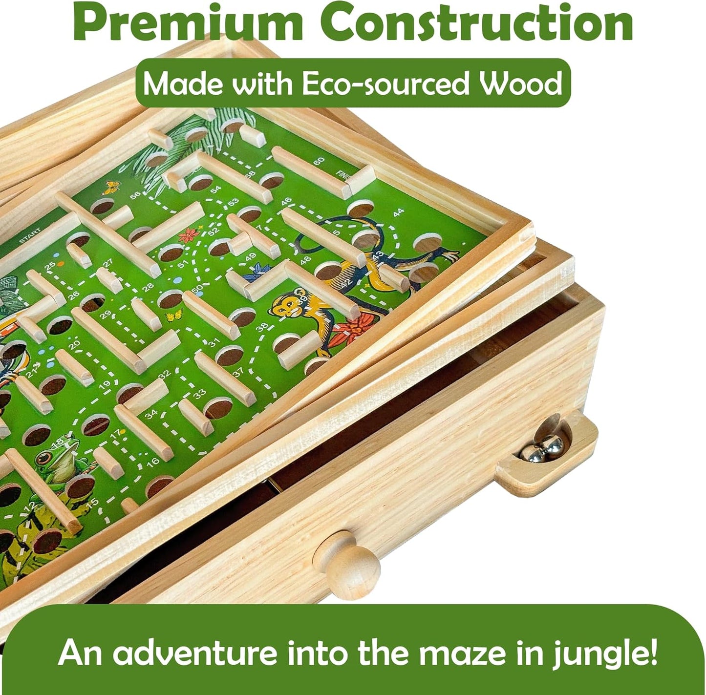 STERLING Wooden Labyrinth Marble Maze Game, Large 12.75" x 11.5" Tilt Maze Game Board with 60 Waypoints and Marble Balls Included, for Kids and Adults 6 Years and Up