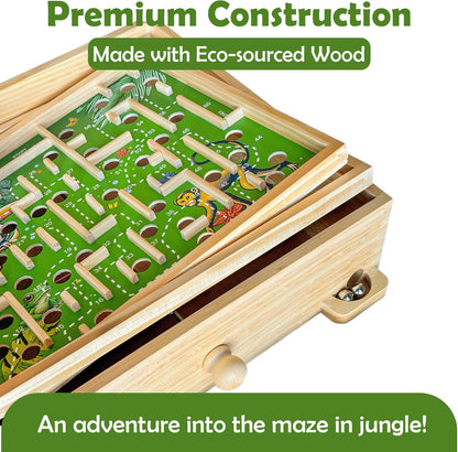 STERLING Wooden Labyrinth Marble Maze Game, Large 12.75" x 11.5" Tilt Maze Game Board with 60 Waypoints and Marble Balls Included, for Kids and Adults 6 Years and Up