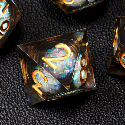 Liquid Core DND Dice Set, 7pcs Sharp Edge Dice for Role Playing Dungeons and Dragons Ttrpg with Gift Box, Handmade Resin D&D Dice RPG Role Playing Games Dice Set(Blue Gold)