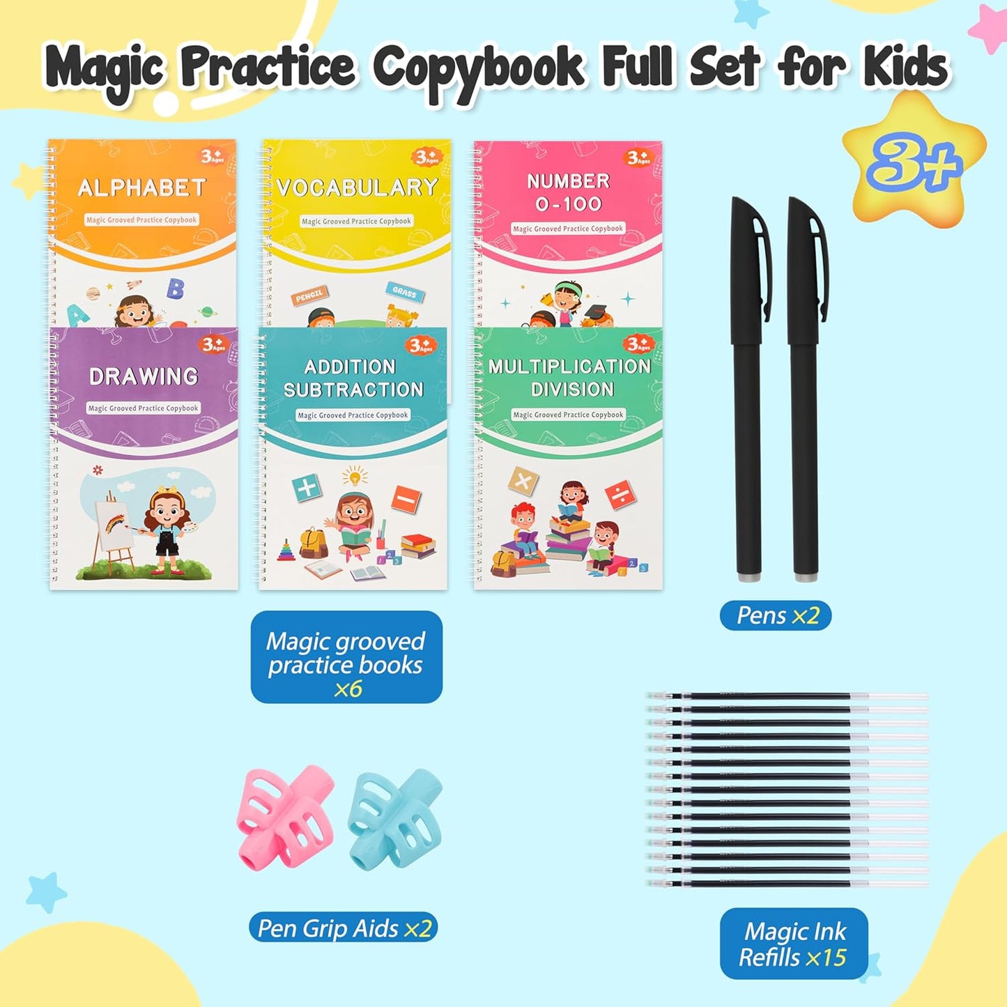 Magic Grooved Writing Practice for Kids Age 3-8, Reusable Grooved Handwriting Books, Tracing Workbooks with Disappearing Ink Pens & Grips, Preschool Learning Activities