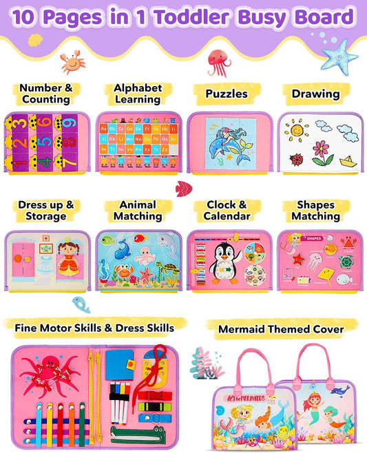 SaFeli Toddler Busy Board, Montessori Toys for Toddler Girl Birthday Gifts, Learning Toys Sensory Busy Book Toys for Toddlers, Travel Educational Book for Airplane Car | Birthday Gift for Girls, Pink