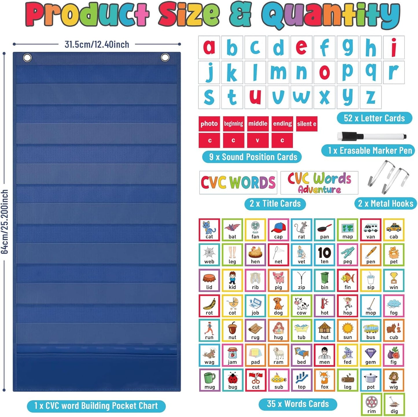 Pasimy CVC Word Pocket Chart with 65 Double-Sided Phonics Flash Cards Classroom CVC Word Literacy Games Preschool Kindergarten Classroom Must Haves for Learning Reading and Spelling(Blue)