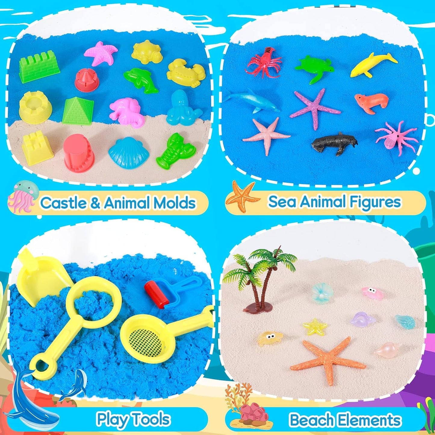 Mikiwon Ocean Sensory Bin, Sandbox Play Sand Art Kit with 1.65lbs Play Sand, Sea Animal Toys Molds, Sensory Play for Girls Boys Age 3 4 5 6 7 8, Beach Toys for Kids Xmas Birthday Gifts