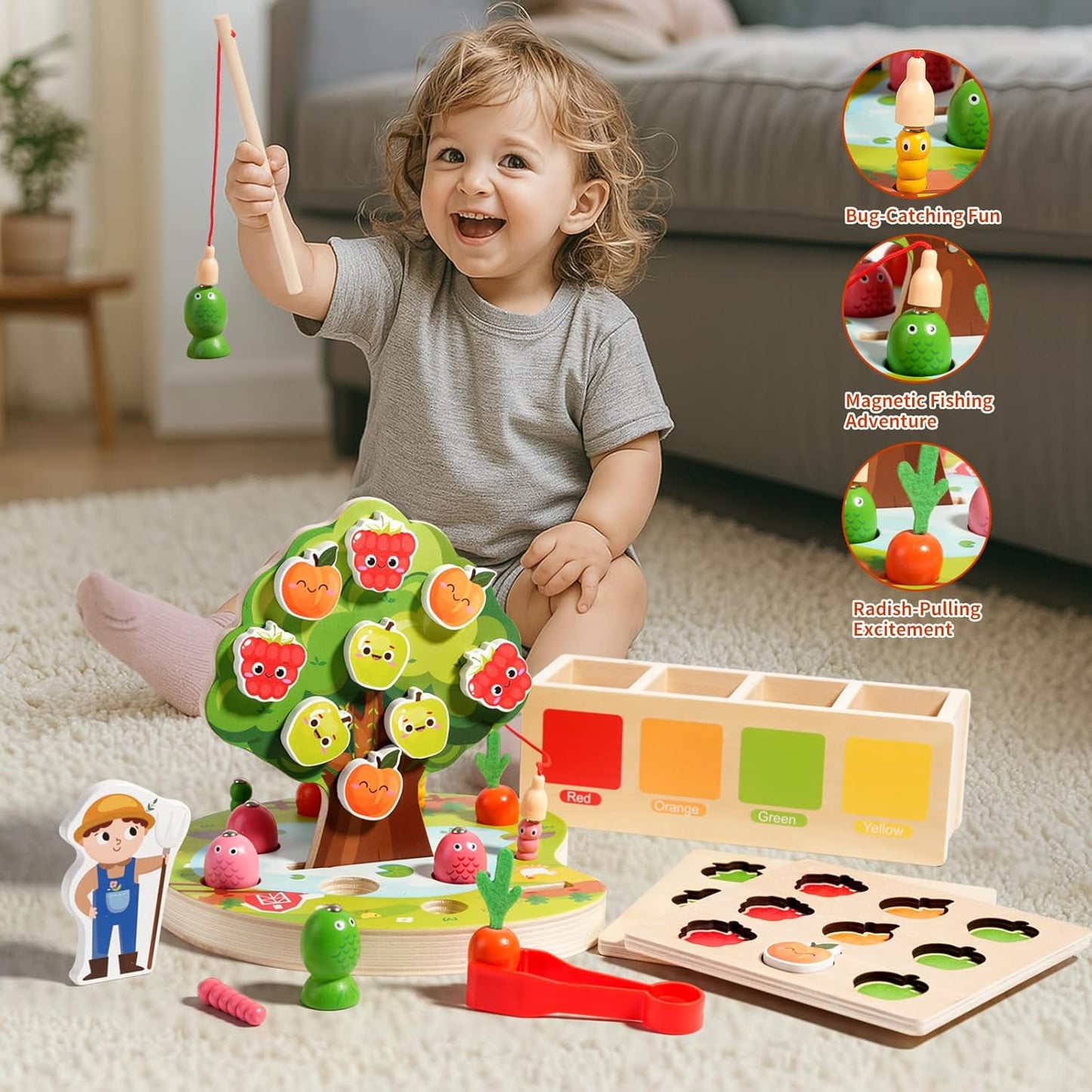 INIFEIDALA Montessori Toys for 3 4 5 Year Olds | Birthday Gifts for Boys & Girls, Wooden Educational Toddler Toys, Shape Sorting, Carrot Harvest & Magnetic Fishing Game – Fine Motor Skills Development