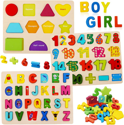 Wooden Puzzles for Toddlers, Kesletney Wooden Alphabet Number Shape Learning Puzzles for Kids, Preschool Educational Toys Gift for Boys Girls Ages 3 4 5 6 Years Old