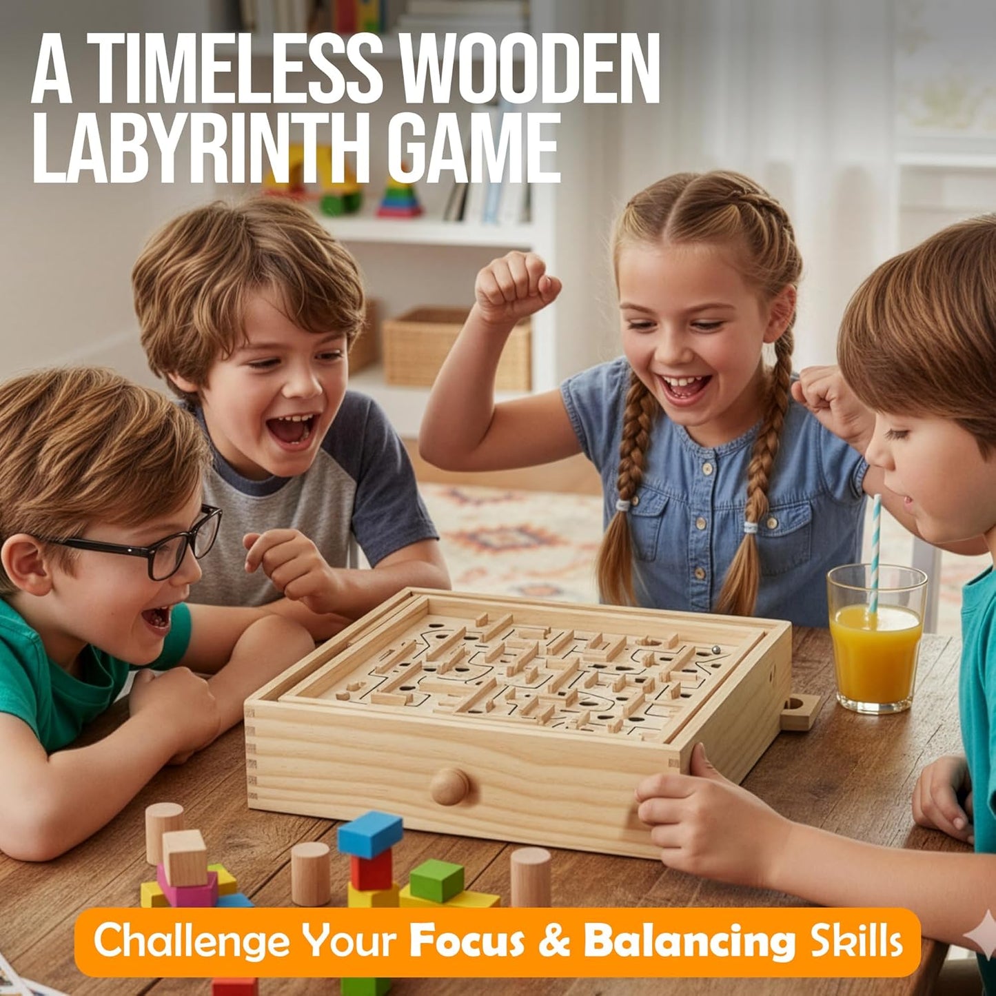 STERLING Wooden Labyrinth Marble Maze Game, Large 12.75" x 11.5" Tilt Maze Game Board with 60 Waypoints and Marble Balls Included, for Kids and Adults 6 Years and Up
