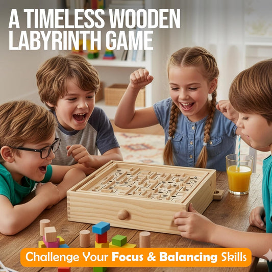 STERLING Wooden Labyrinth Marble Maze Game, Large 12.75" x 11.5" Tilt Maze Game Board with 60 Waypoints and Marble Balls Included, for Kids and Adults 6 Years and Up