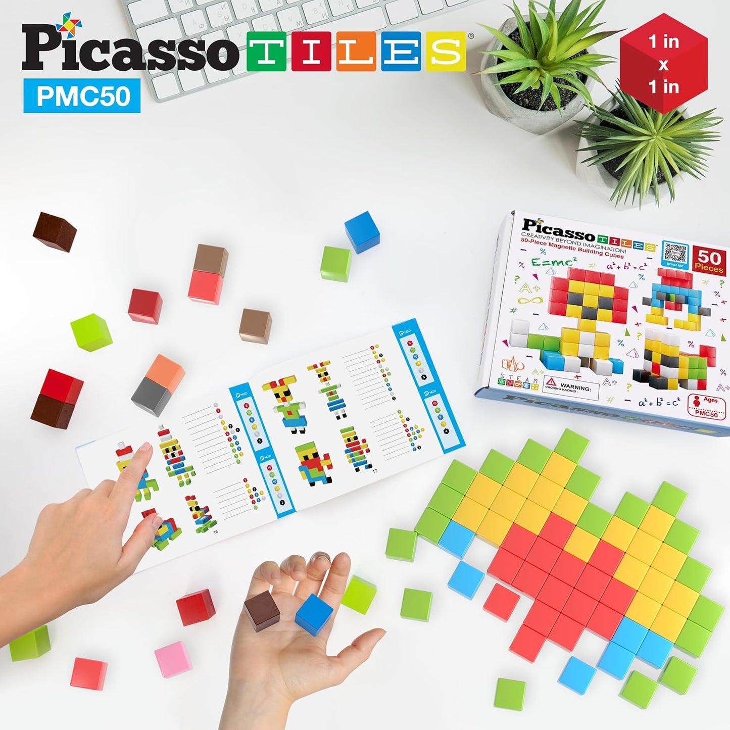 PicassoTiles 60pc Magnetic Puzzle Cube Building Set 1 Inch 3D Blocks STEM Construction Toy for Toddlers Kids Boys Girls Age 3+ Montessori Learning Travel Sensory Gift with Educational Idea Book PMC60