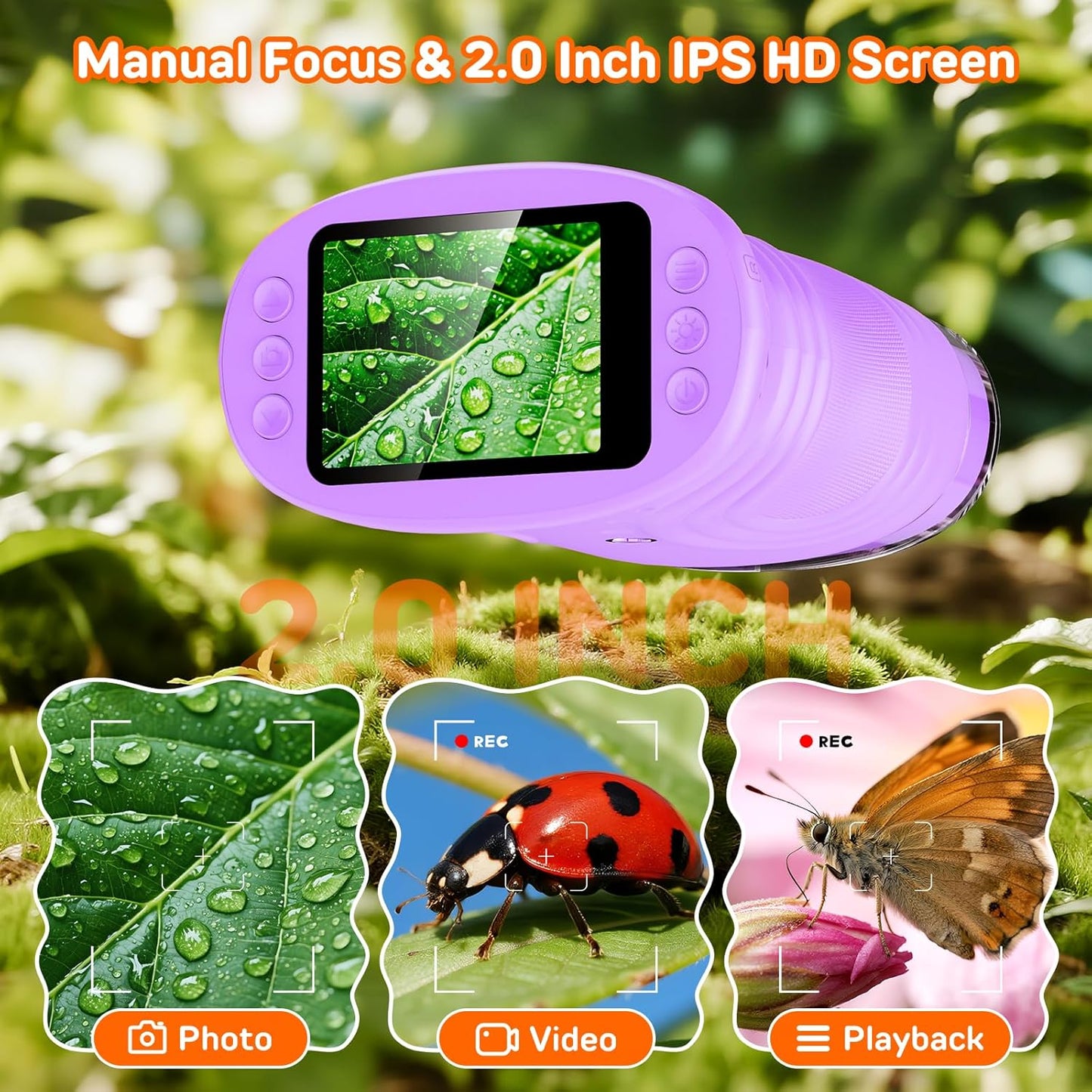 1000X Digital Handheld Microscope for Kids with 2.0" IPS Screen, Outdoor Toys Portable STEM Science Lab Gifts, Rechargeable Pocket Microscope Educational Toy for Boys & Girls Age 4-6 8-12, Orange