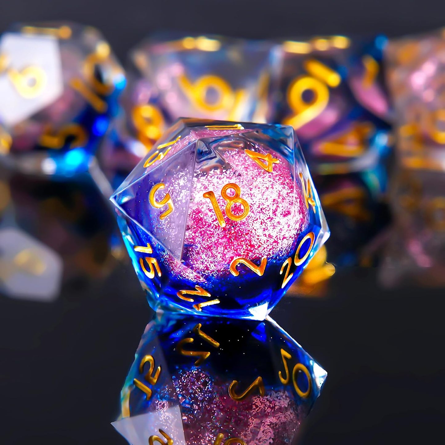 Liquid Core DND Dice Set, 7pcs Sharp Edge Dice for Role Playing Dungeons and Dragons Ttrpg with Gift Box, Handmade Resin D&D Dice RPG Role Playing Games Dice Set(Blue Gold)