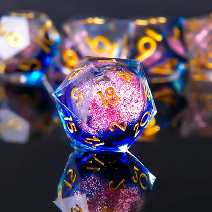 Liquid Core DND Dice Set, 7pcs Sharp Edge Dice for Role Playing Dungeons and Dragons Ttrpg with Gift Box, Handmade Resin D&D Dice RPG Role Playing Games Dice Set(Blue Gold)
