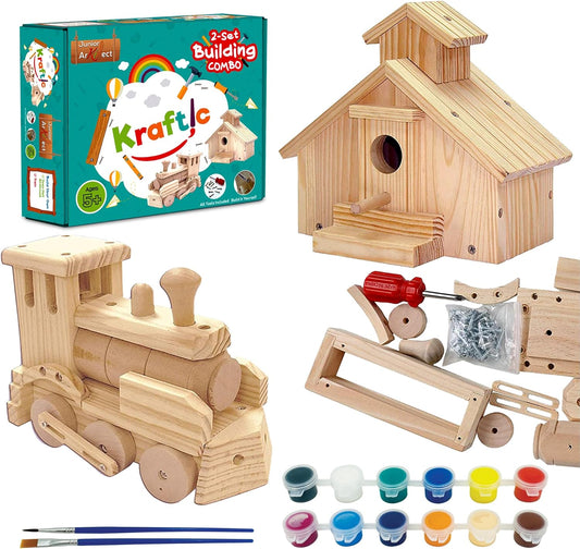 Kraftic Woodworking Building Kit for Kids and Adults, with 3 Educational DIY Carpentry Construction Wood Model Kit Toy Projects for Boys and Girls - Tow Truck, Birdhouse and Dump Truck
