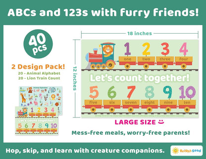 Bright Seed Disposable Placemats for Baby, Toddlers and Kids, Animals ABC & Numbers, 40 Disposable Baby mats for Restaurant, Dining Table & Travel, Learning Placemats for Kids, Toddler Travel