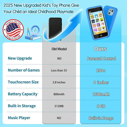 Kids Toy Phones with Dual Camera, Learning Toys Phones Gifts for Kid 3-12 with 200+ Educational Puzzle Games, 4" Touchscreen Rechargeable Blue Child Smartphones with Parental Control