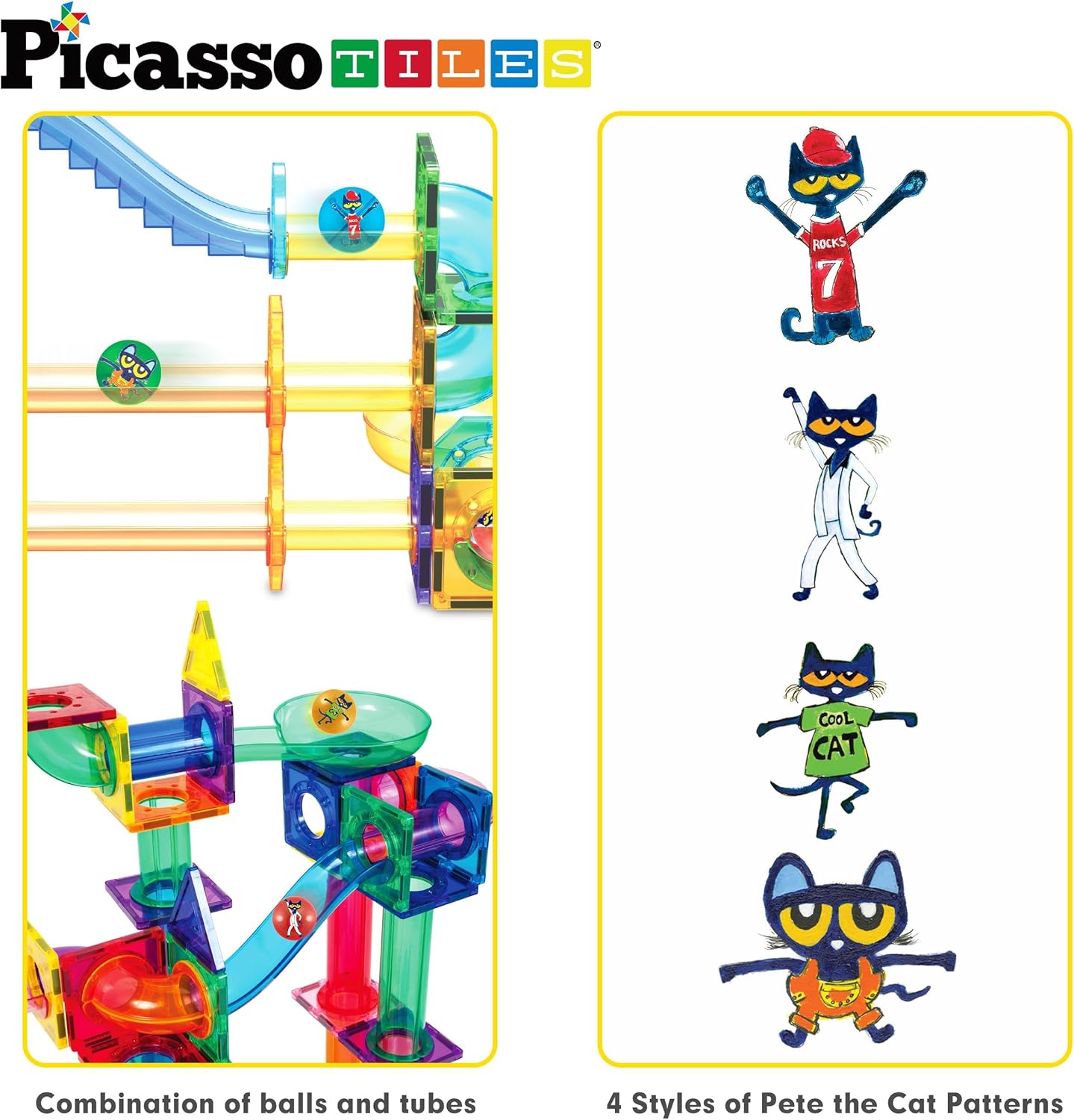 PicassoTiles 70pc Marble Run Magnetic Tiles STEM Set for Kids Ages 3 and Older Magnet Tile Marbles Maze Building Blocks Brain Development Toy Preschool Educational Learning Construction Playset PTG70