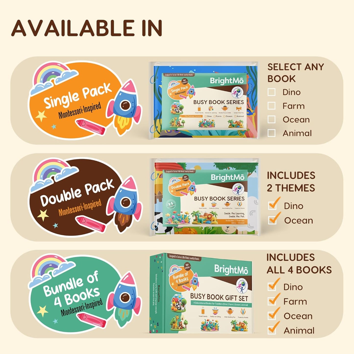 Montessori Busy Book Set (4-in-1) – Preschool Learning Activities for Ages 3+, Fine Motor Skills, Travel Activity Kit, Dinosaur Farm Ocean Animal Themes